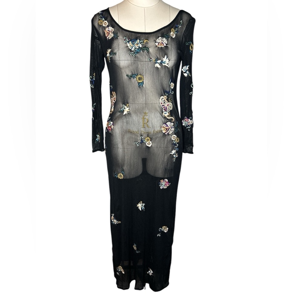 Vintage Vivienne Tam sheer embroidered floral appliqué maxi dress